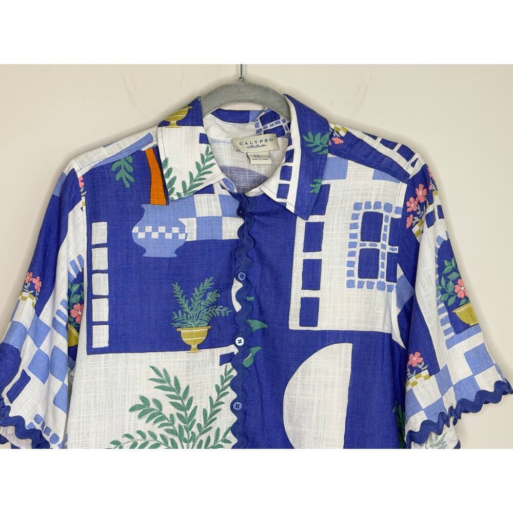 Calypso St. Barth Resort Short Sleeve Button-Down Shirt Blue/White Womens Size M - Picture 3 of 10